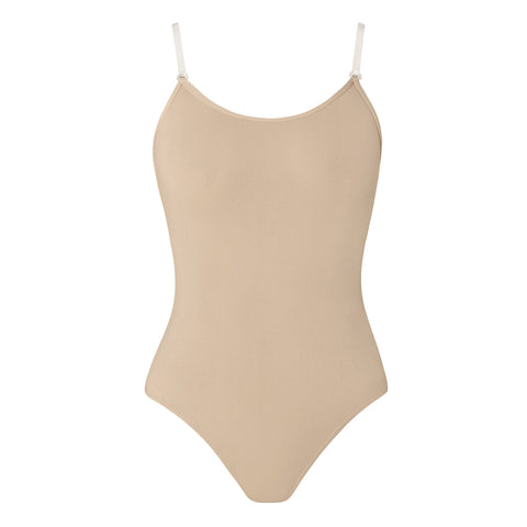 Front view of a nude-tone Energetiks seamfree body stocking with adjustable clear straps and a smooth, minimalist finish.