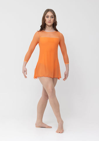 Dance model wearing Studio 7 Amber Mesh Dress in Mandarin front view