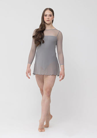 Dance model wearing Studio 7 Amber Mesh Dress in Steel front view