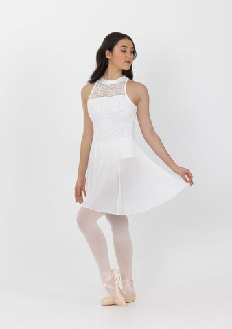 Ballet model wearing a White Amelia Lyrical Dress by Studio 7 Dancewear front view