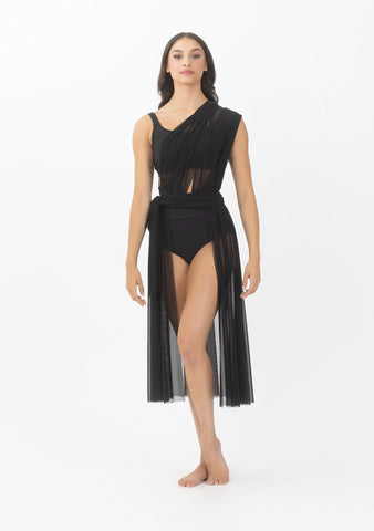 Dance model wearing Studio 7 Convertible Mesh Overdress in Black front view
