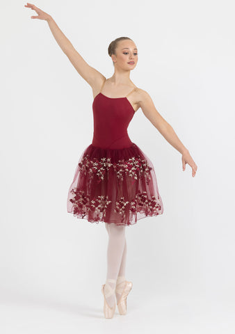 Ballet model wearing the Burgundy Floral Romance Tutu by Studio 7 front view