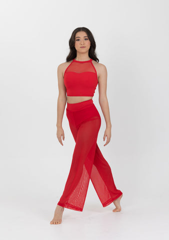 Dance model wearing Studio 7 Mesh Performance Crop in Red front view