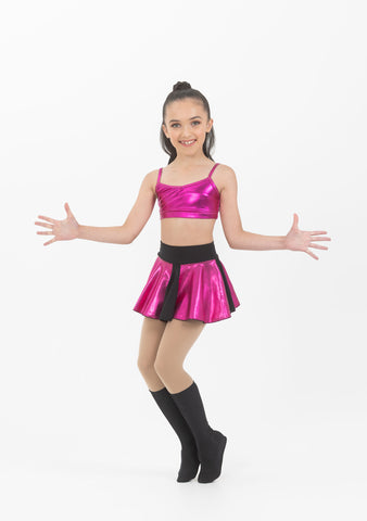 Dance model wearing Studio 7 Metallic Cheer Skirt in Metallic Hot Pink front view