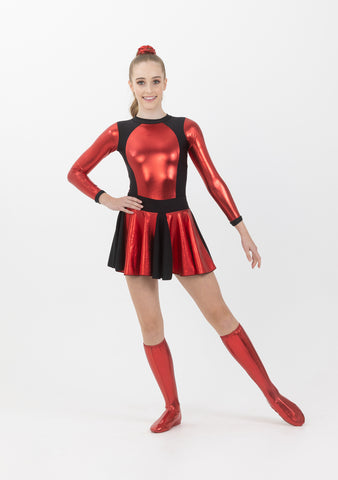 Dance model wearing Studio 7 Metallic Cheer Skirt in Metallic Red front view