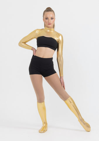 Dance model wearing Studio 7 Gold Metallic Shrug front view