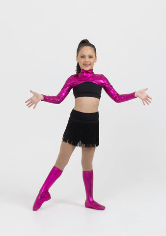 Dance model wearing Studio 7 Hot Pink Metallic Shrug front view