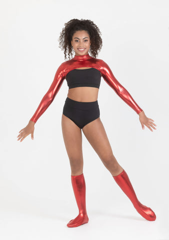 Dance model wearing Studio 7 Red Metallic Shrug front view