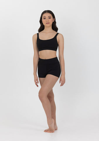 Dance model wearing Studio 7 Performance Crop Top in Black front view.