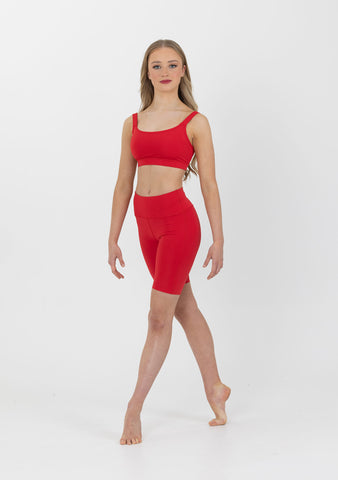 Dance model wearing Studio 7 Performance Crop Top in Red front view.