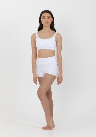 Dance model wearing Studio 7 Performance Crop Top in White front view.