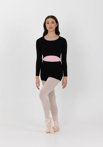 Dance model wearing Studio 7 Ribbed Warm Up Top in Black front view