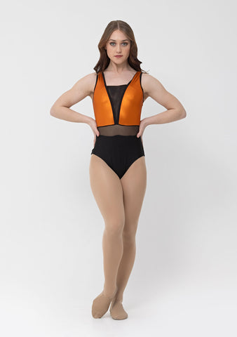 Dance model wearing Studio 7 Samara Leotard in Tangerine front view