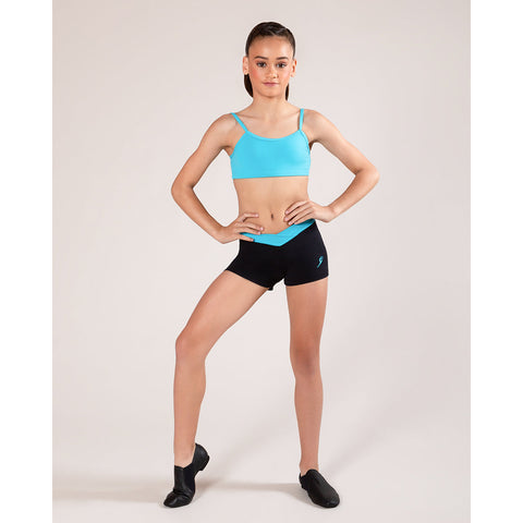 Dance model wearing Energetiks Claudia Short Turquoise band front view